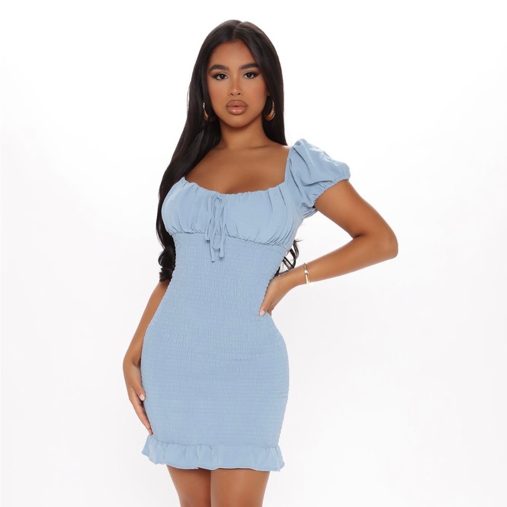 Mini Blue Rushed Dress. - Picture 1 of 9